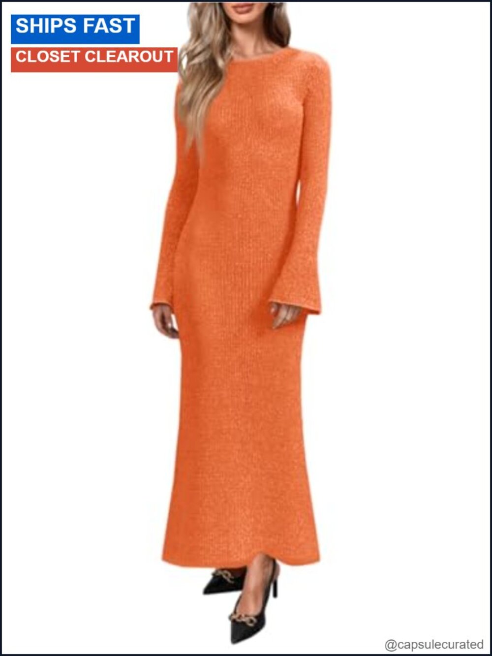 Yousify Bell Long Sleeve Maxi Dress Crewneck Knit Slim Fit Flowy Sweater Dress